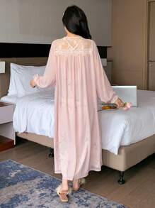 DAZY Lace Trimmed Satin Cami & Shorts Pajama Set With Romantic Sheer Mesh Robe - Pink - View 2