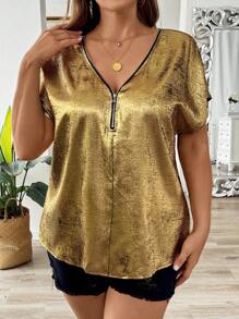 SHEIN LUNE Plus Size Women Summer Solid Color Metallic Zippered Batwing Short Sleeve Elegant Blouse - Gold - View 5