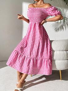 Chiquease Của phụ nữ Kẻ sọc Off Shoulder Đầm - Màu Hồng Tươi - Xem 3