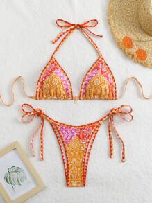SHEIN Swim 女士假日植物印花露背性感比基尼套裝，含分體泳衣 - 彩色 - 查看 4