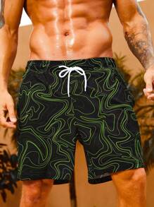 Manfinity Men's Line Printed Drawstring Casual Beach Shorts, Perfect For Holiday Outfit