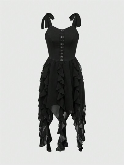 Women Gothic Style Metal Hook Buckle Belted Asymmetrical Ruffle Hem Dress In Black