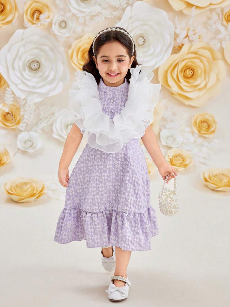 Young Girl Court-Style Stand Collar Floral Jacquard Princess Dress With Ruffle Lace Embellishment, Party Dress
