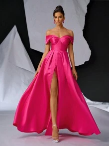 Glamrae Elegant Luxurious Satin Off Shoulder Bow Collar, Small V-Neck Waist Pintuck Thigh-High Slit Back Tie Formal Gown For Party, Wedding, Graduation - Hot Pink - View 3