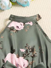 Sparklyn Tween Girl Solid Color Lapel Collar Long Sleeve Coat And Floral Print Halter Wide Leg Jumpsuit 2pcs Casual Outfit