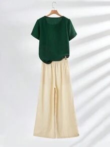 Women's Regular Fit Casual Printed Two-Piece Set - Dark Green - View 2