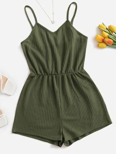 SHEIN EZwear Summer Casual And Loose Solid Pink Waffle Knit Cami Short Romper