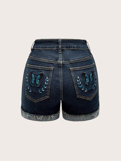 Goth Pantalones cortos de mezclilla de bordado de mariposas vintage de mujer con bolsillo, diseño de dobladillo de vellón, contraste de color, verano