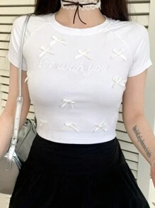 DAZY Ladies' Summer Slim Fit Round Neck Short Sleeve T-Shirt With Bow Decoration - White - View 6