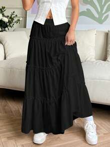 SHEIN EZwear 女式夏季休閒純色長裙 - 黑色 - 查看 1