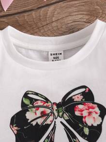 SHEIN Leap Crew Cute Knitted Butterfly Pattern Short Sleeve T-Shirt And Floral Printed Pants Set For Baby Girls - White - View 6