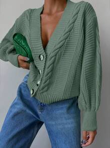 EURMUSE Solid Drop Shoulder Cable Knit Cardigan - Army Green - View 5