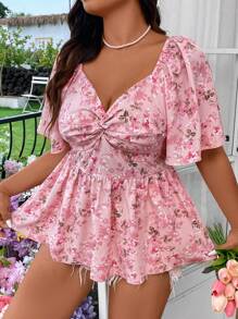 SHEIN SunnyBelle 大码浪漫休闲短袖亨利衫荷叶边上衣 - 粉色 - 查看 1