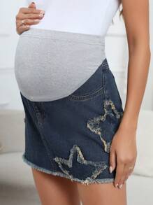 SHEIN Maternity Summer Casual High Waist Denim Skirt With Colorblock Design, Fringe Hem And Star Shapes - Dark Wash - View 5