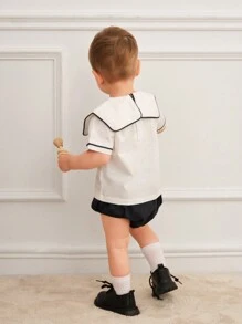 Souflis Souflis Baby Boys' 2pcs/Set Elegant French Retro Navy Collar Embroidery Printed Top & Shorts, Spring/Summer
