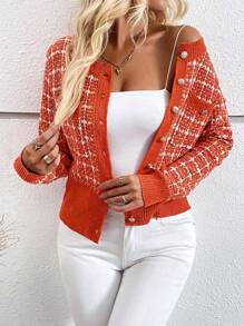 SHEIN LUNE Cárdigan de mujer con botones únicos, diseño de bolsillo y cuadros, manga larga - Naranja - Ver 6