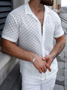 Manfinity Homme Men Summer Casual Solid Color Textured Short Sleeve Shirt Slim Fit Button Up Collar Plain Shirt - White - View 6