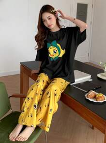 DAZY Cute Cartoon Printed Loose Casual Summer T-Shirt And Pants Pajama Set