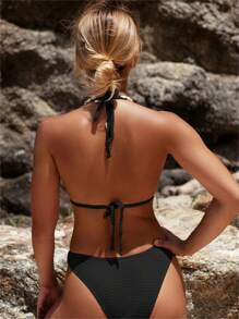 Swim Vcay Bộ bikini dây yếm màu trơn gợi cảm cho nữ, nâng ngực, không gọng, dành cho kỳ nghỉ hè - màu đen - Xem 3