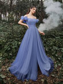 Ruched Bustier Mesh Overlay Tube Prom Dress Elegant Formal Evening Wedding Guest Gown, For Graduation, Dinner - Dusty Blue - View 5