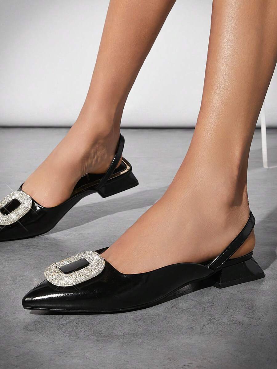 SHUZIA Zapatos planos de tacón bajo decorados con diamantes de imitación en la punta para mujeres para fiesta y ocasiones de alta gama - Negro - Ver 1