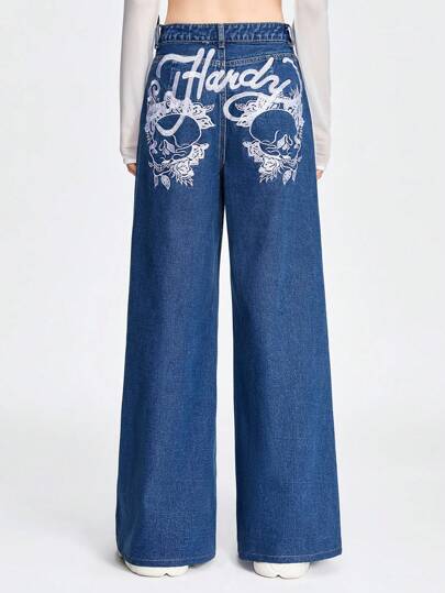 Grunge Punk Punk Street Style Loose Wide Leg Women's Jeans With Skull Embroidery