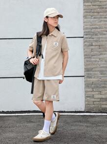 SHEIN Tween Boy Letter Patched Detail Shirt & Shorts Without Tee - Khaki - View 1