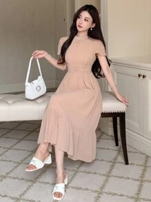 DAZY Women's Peach Pink Solid Color Dress With Keyhole Neckline,Ruffles And Pleats,Elegant Summmer Sundress For Tea Party,Prom,Birthday,New Year Eve Events - Apricot - View 2