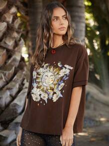 Forever 21 Women Summer Floral Sun And Face Printed Round Neck Oversized Short Sleeve Casual T-Shirt - Brown - View 5