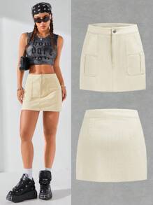 SHEIN EZwear Women Skirts Tombol Kantong Zip Plain Casual - Aprikot - View 1