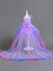 SHEIN Glamorique Kids Asymmetric 3D Mesh Big Train Wedding Party Holiday Birthday Dress For Young Girls - Mauve Purple - View 2