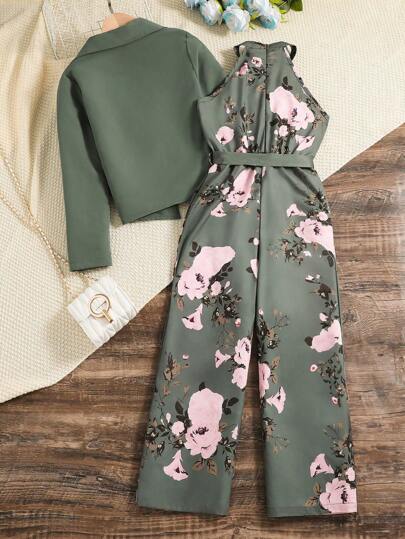 Sparklyn Tween Girl Solid Color Lapel Collar Long Sleeve Coat And Floral Print Halter Wide Leg Jumpsuit 2pcs Casual Outfit