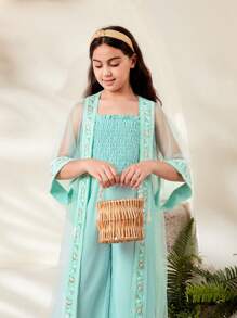 SHEIN 中小學女生修身刺繡外套加連身褲套裝，長褲款式 - 藍色 - 查看 5