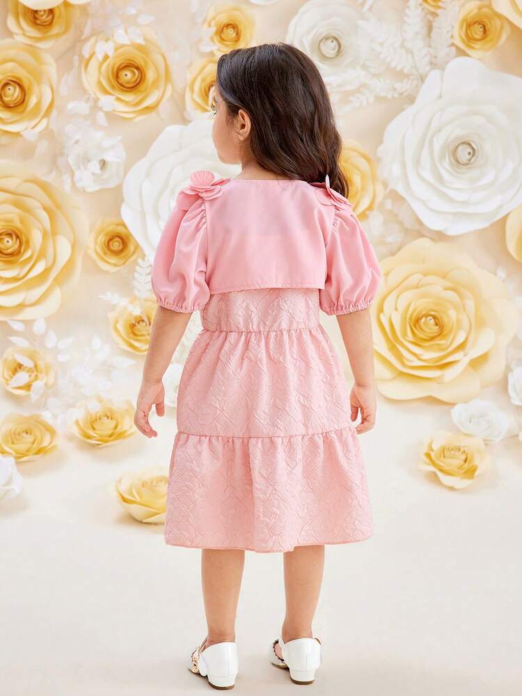 Young Girl Pink Lady Flower Decor Short Sleeve Cardigan And Spaghetti Strap Dress 2pcs/Set