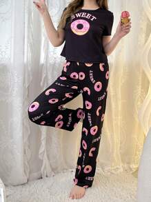Conjunto de pijama de manga corta y pantalón largo con estampado de rosquilla de dibujos animados para primavera/verano