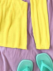 SHEIN Swim 女式時尚長袖露腰罩衣 - 黃色 - 查看 3