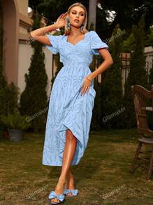 Glamaker Women's Sweetheart Neck Short Bubble Sleeve Burnt-Out Floral Embroidery Dress