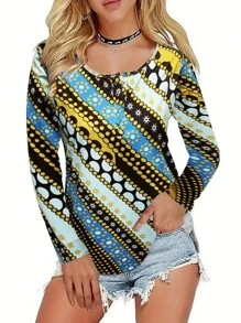 SHEIN LUNE Women's Polka Dot Printed Round Neck Long Sleeve Casual T-Shirt For Spring/Summer