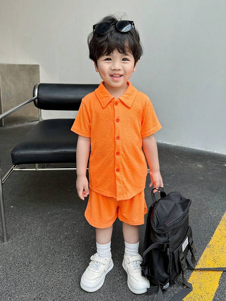 Baby Boy Summer Casual Simple Knitted Jacquard Short Sleeve Shirt And Shorts Set