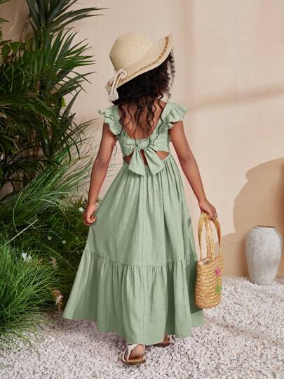 SHEIN Young Girl Net Color Woven Square Neck Sleeveless Long Dress, Chitose Music Festival Holiday Outfits