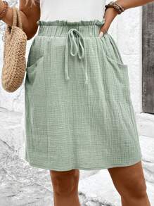 SHEIN LUNE Ladies' Summer Skirt With Frill Trim, Elastic Waistband And Double Pockets