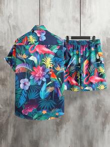 Manfinity RSRT Men's Allover Print Button-Down Short Sleeve Shirt And Drawstring Pocket Shorts Set, Summer Vacation Style, Cozy Outfits - Multicolor - View 2