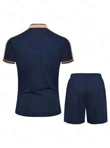 Manfinity Homme Men Color Block Button Half-Open Short Sleeve Polo Shirt And Shorts Summer Casual Suit