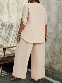 EMERY ROSE 大尺碼女裝時尚純色中袖上衣和長褲套裝 - 杏色 - 查看 2