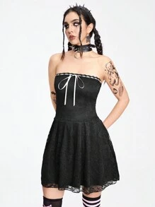 ROMWE Goth 性感純淨誘惑派對蕾絲蝴蝶結腰帶A字裙女裝 - 黑色 - 查看 1