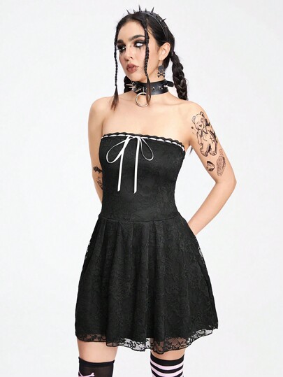 Goth Sexy Pure Temptation Party Lace Bowknot Belt A-Line Dress For Women