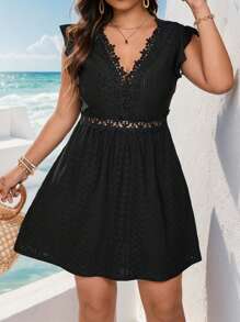 SHEIN Frenchy Plus Size Holiday Leisure Solid Color Lace Patchwork Ruffle Cinching Waist Dress - Black - View 1