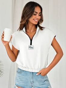 EURMUSE Letter Patched Half Zip Batwing Sleeve Sweatshirt - White - View 4