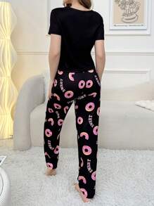 Conjunto de pijama de manga corta y pantalón largo con estampado de rosquilla de dibujos animados para primavera/verano