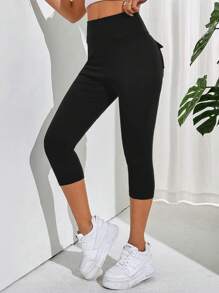 SHEIN Essnce Leggings pour femmes décontractés à taille large et poches retournées de couleur unie